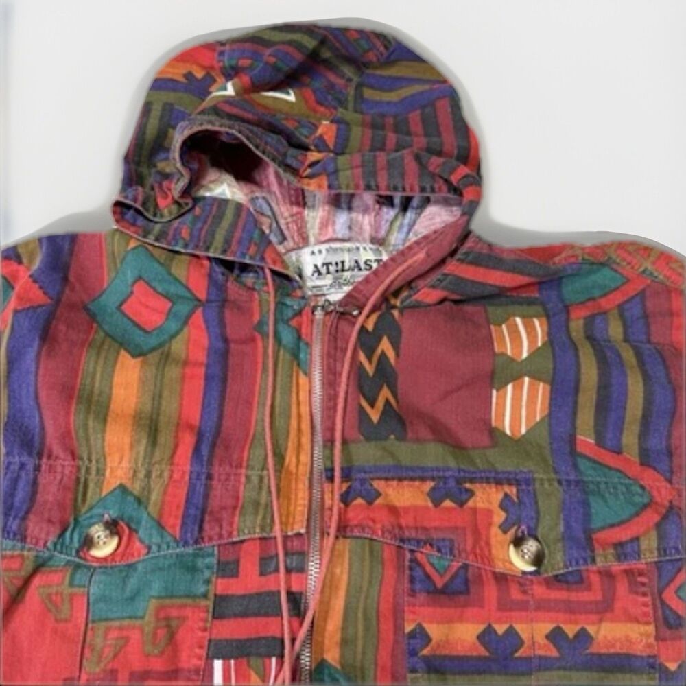 Vintage AT!LAST Hooded Jacket - Tribal Aztec Print - 100% Cotton - Size M - Rare - Picture 4 of 5